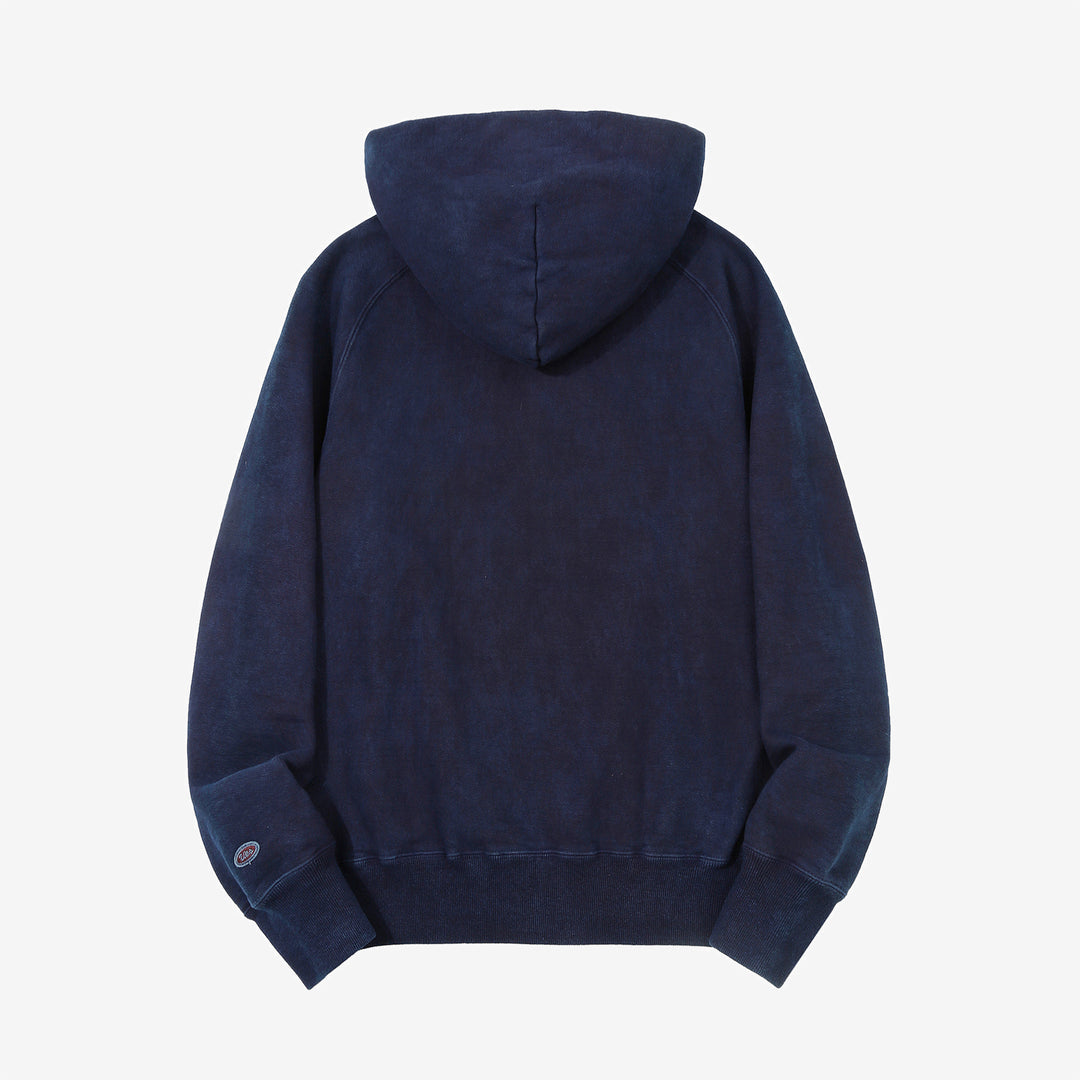 UES 73RF indigo pullover hoodie heavyweight sweat made in Japan kangaroo pocket hooded sweatshirt back view
