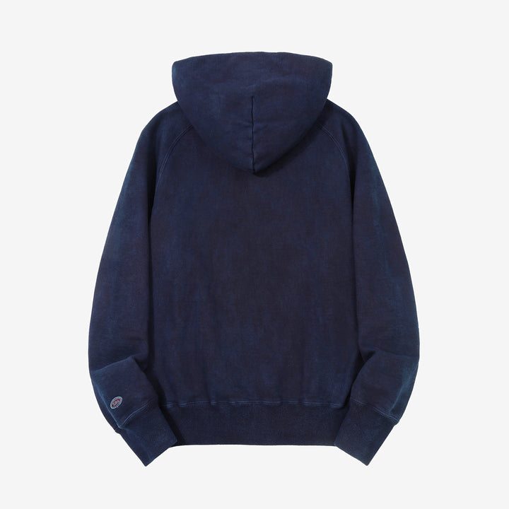 UES 73RF indigo pullover hoodie heavyweight sweat made in Japan kangaroo pocket hooded sweatshirt back view