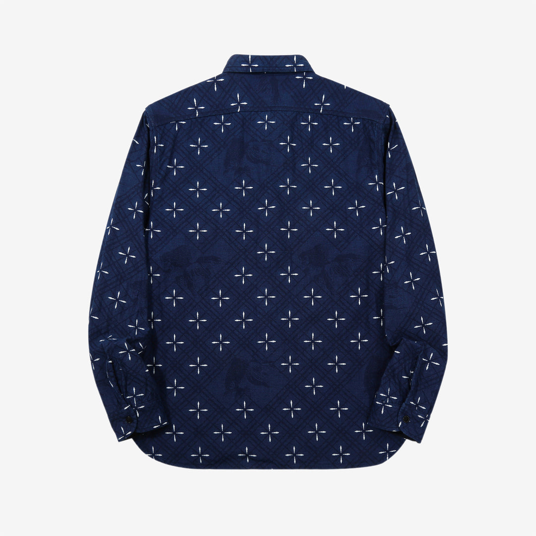 Samurai Jeans SSS25-02W "Narihira" Diamond & Goldfish Indgio Jacquard Work Shirt Made in Japan Back View