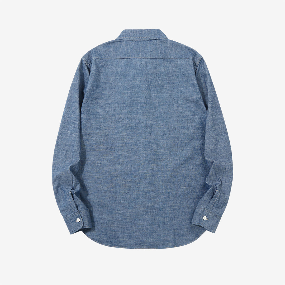 Deluxeware 7623 7oz selvedge chambray work shirt light indigo back view