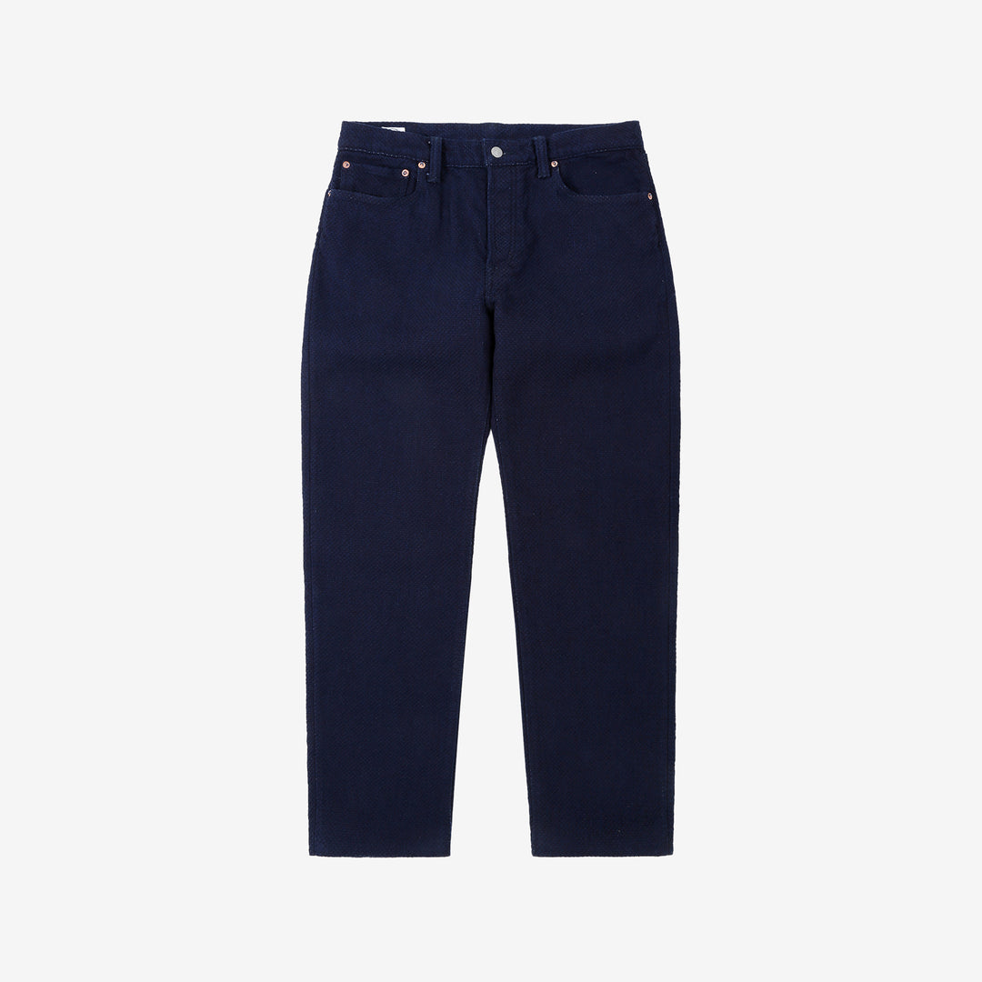 Omoto Denim 0621 indigo sashiko trousers relaxed tapered Japanese pants front