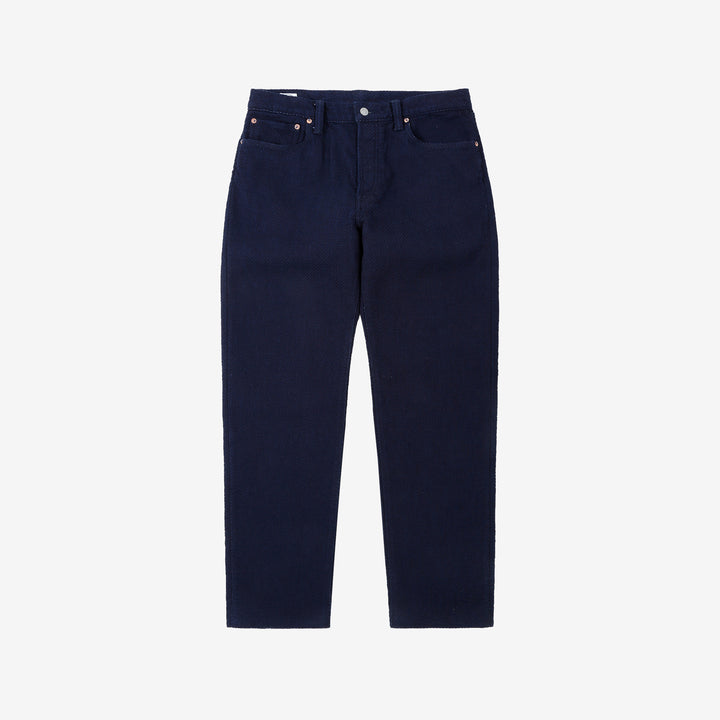 Omoto Denim 0621 indigo sashiko trousers relaxed tapered Japanese pants front