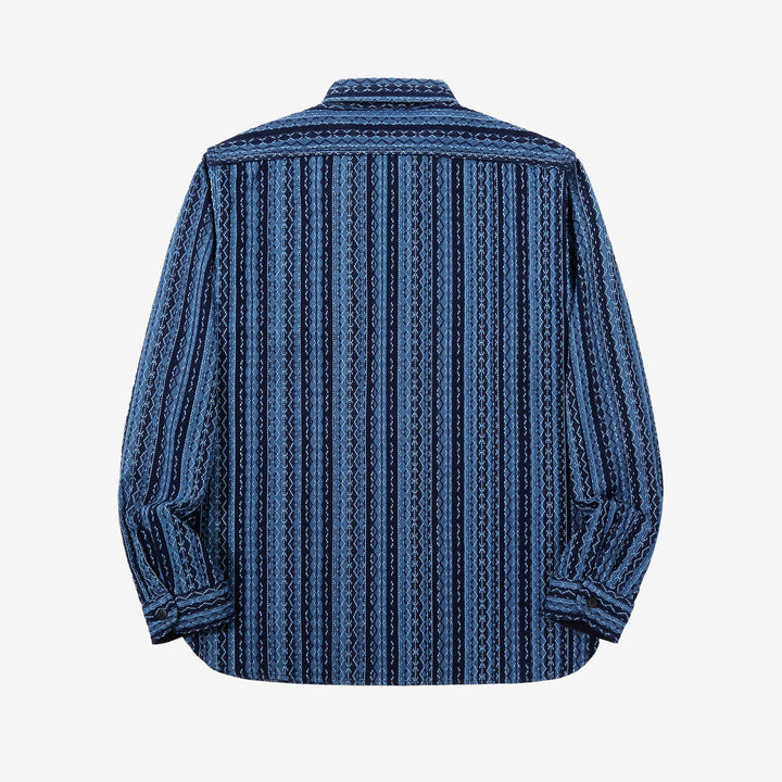 Samurai Jeans SSS25-SKSW Natural Indigo Sashiko Stripe Work Shirt - Back View