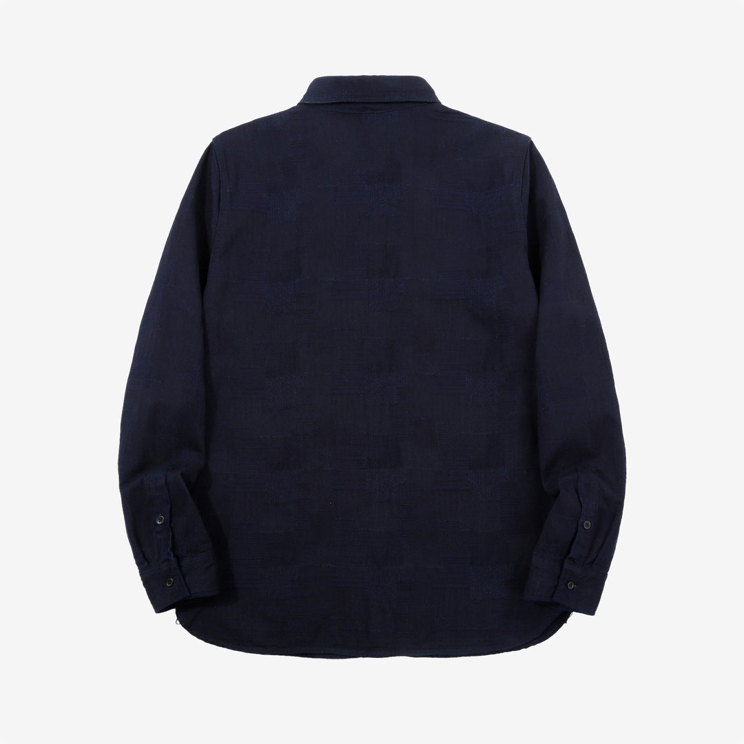 Pure Blue Japan 2239-ID Jacquard Patchwork Boro Shirt Indigo x Indigo Made in Japan Back View