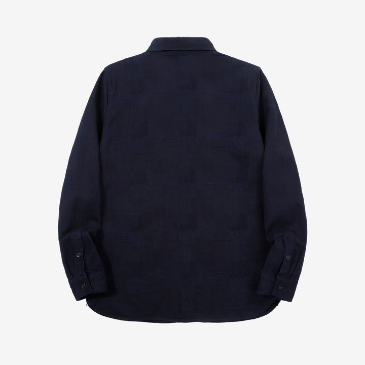 Pure Blue Japan 2239-ID Jacquard Patchwork Boro Shirt Indigo x Indigo Made in Japan Back View