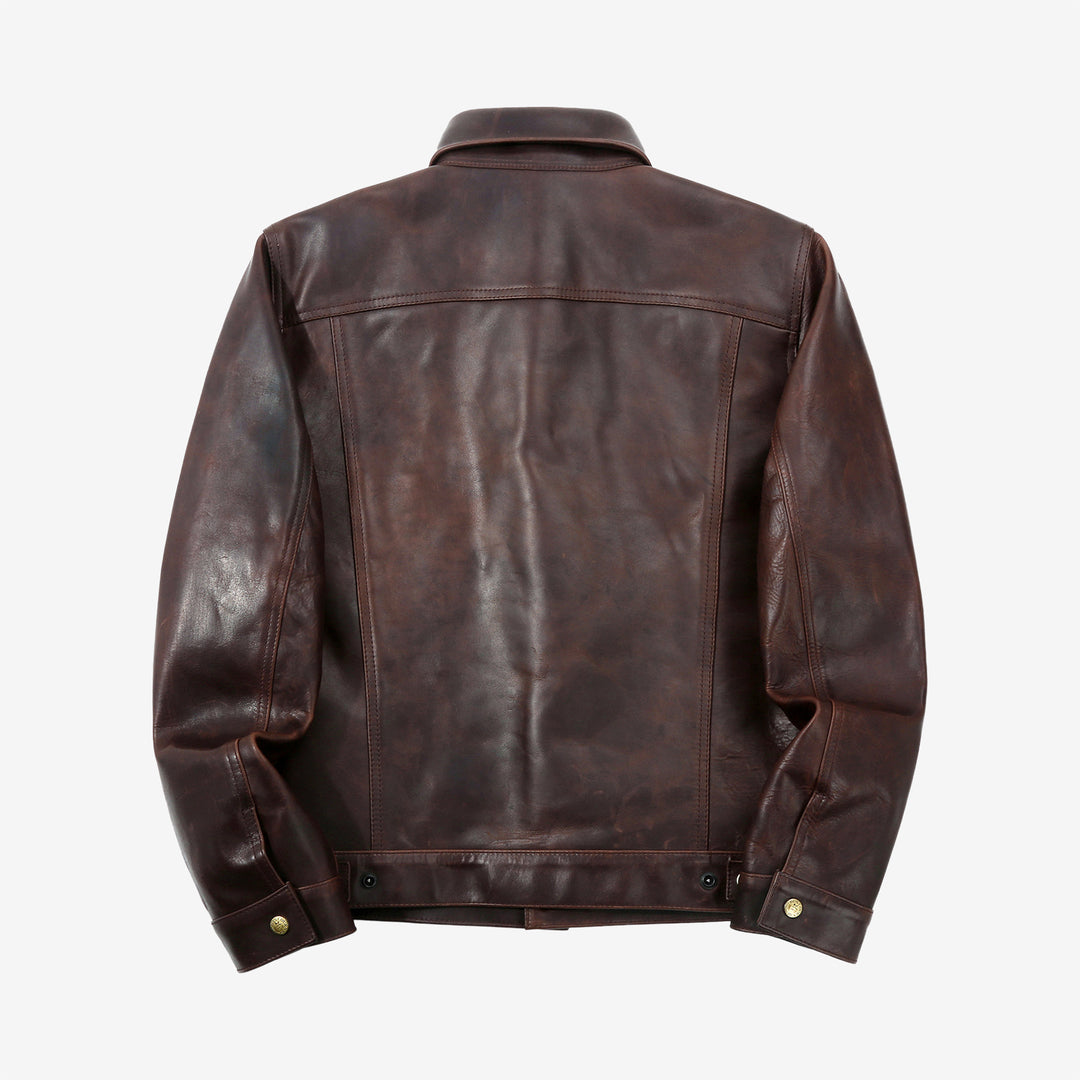 Boncoura Type 3 Horsehide Leather Jacket Hand-Waxed Brown Finish Made in Japan back view