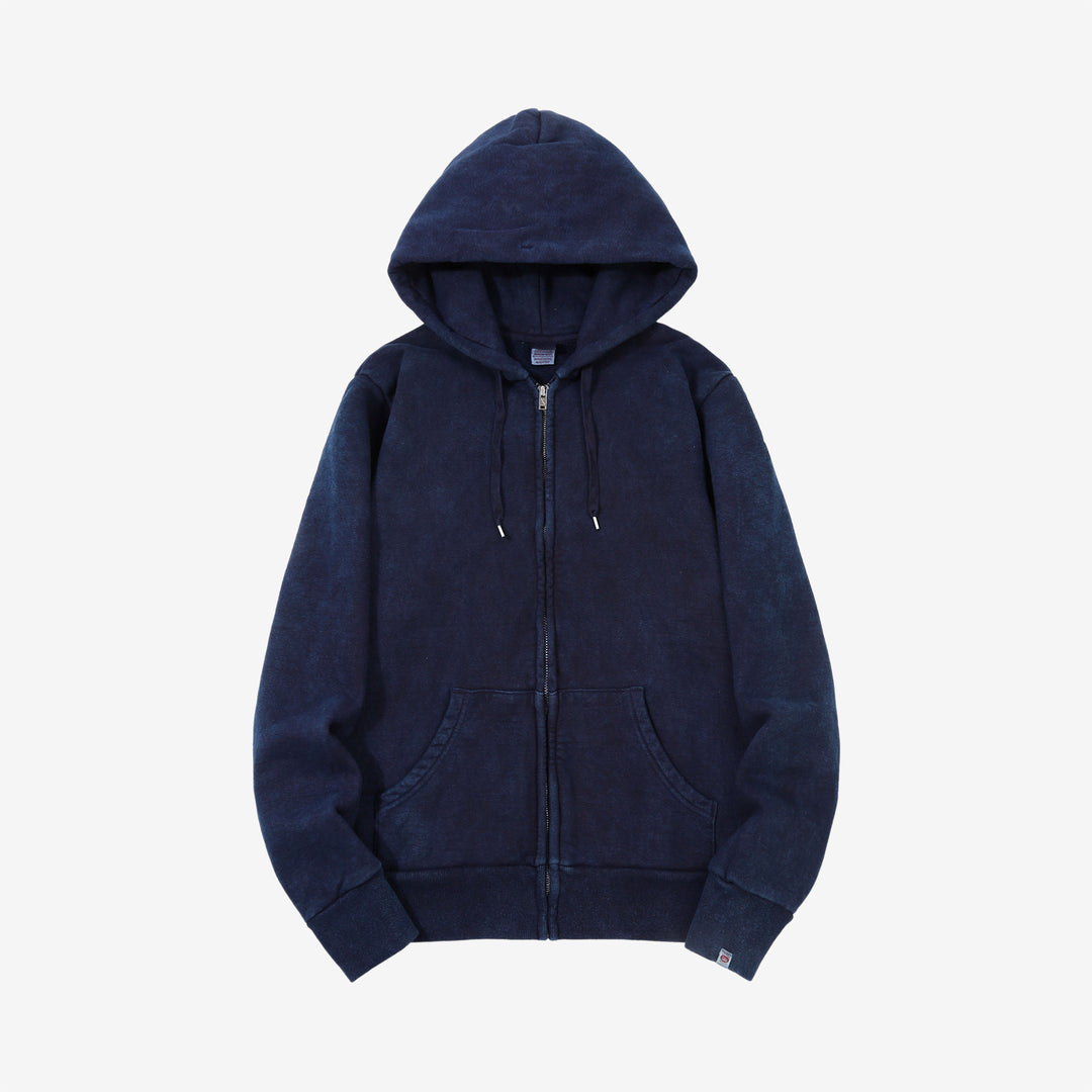 UES 72ZP indigo full zip hooded sweatshirt loopwheel sweat made in Japan heavyweight cotton hoodie full view