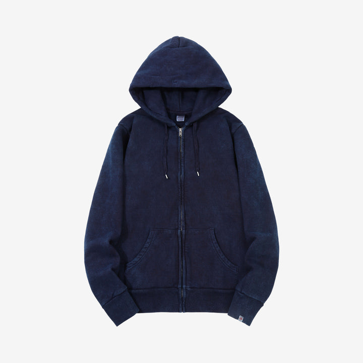 UES 72ZP indigo full zip hooded sweatshirt loopwheel sweat made in Japan heavyweight cotton hoodie full view