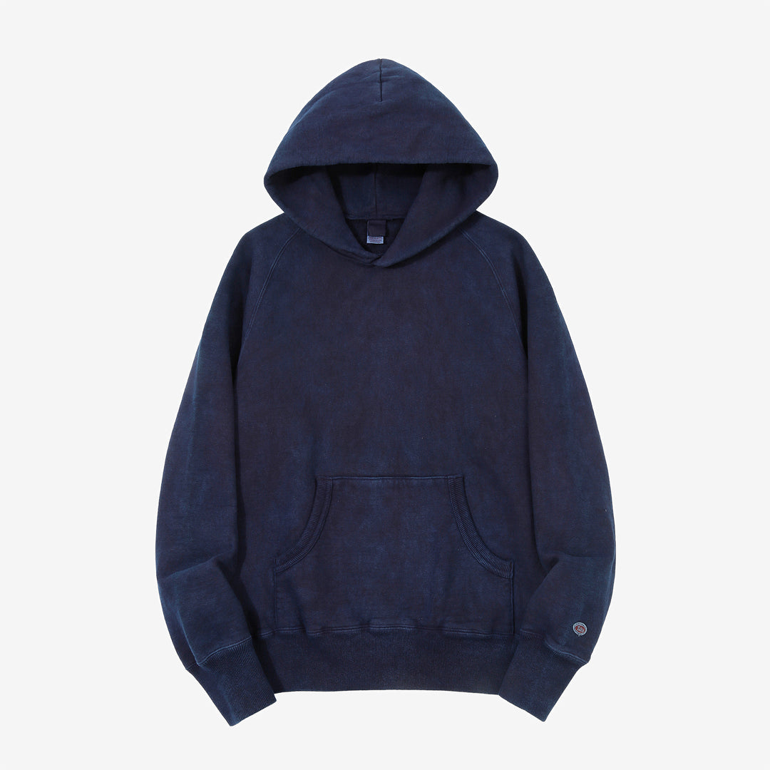 UES 73RF indigo pullover hoodie heavyweight sweat made in Japan kangaroo pocket hooded sweatshirt full view