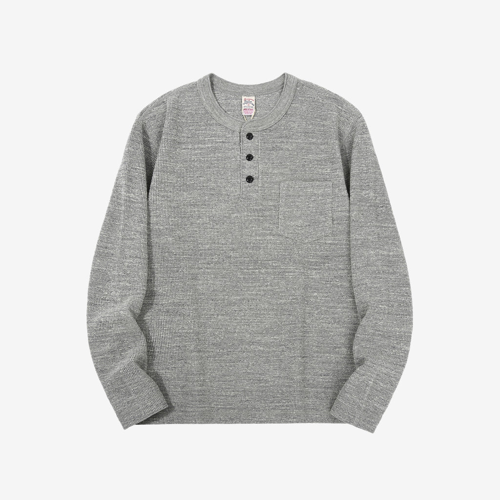 UES 662531 single rib knit long sleeve henley neck T-shirt made in Japan slub cotton grey front view