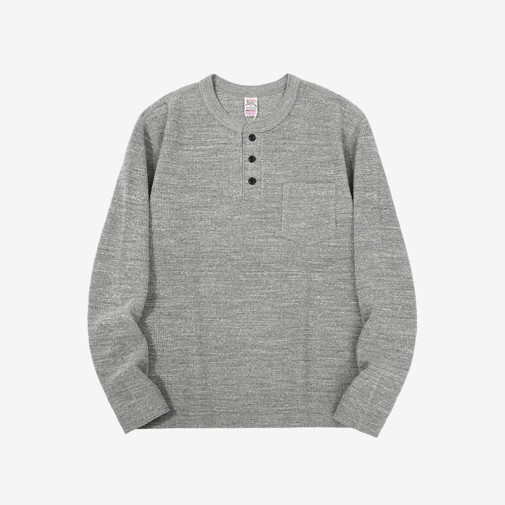 UES 662531 single rib knit long sleeve henley neck T-shirt made in Japan slub cotton grey front view