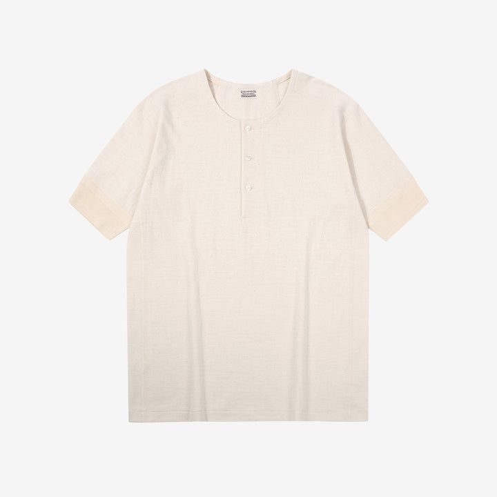 Stevenson Overall Co. SH Side Flex Loopwheeled Henley Neck T-Shirt Oatmeal Made In Japan front