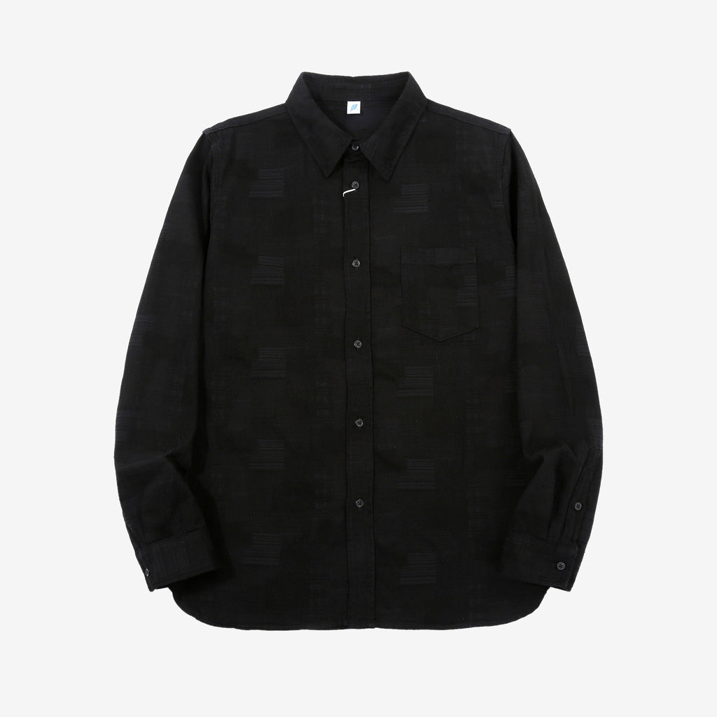 Pure Blue Japan 2239-BK Jacquard Patchwork Boro Shirt - Black x Black Made in Japan Front View