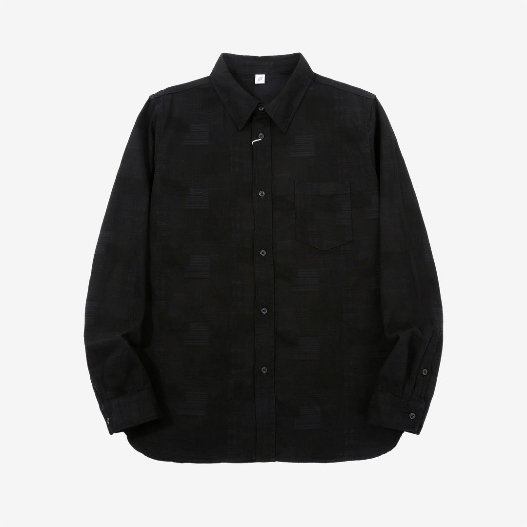 Pure Blue Japan 2239-BK Jacquard Patchwork Boro Shirt - Black x Black Made in Japan Front View