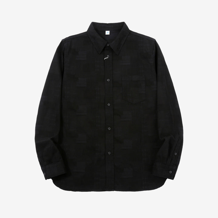 Pure Blue Japan 2239-BK Jacquard Patchwork Boro Shirt - Black x Black Made in Japan Front View