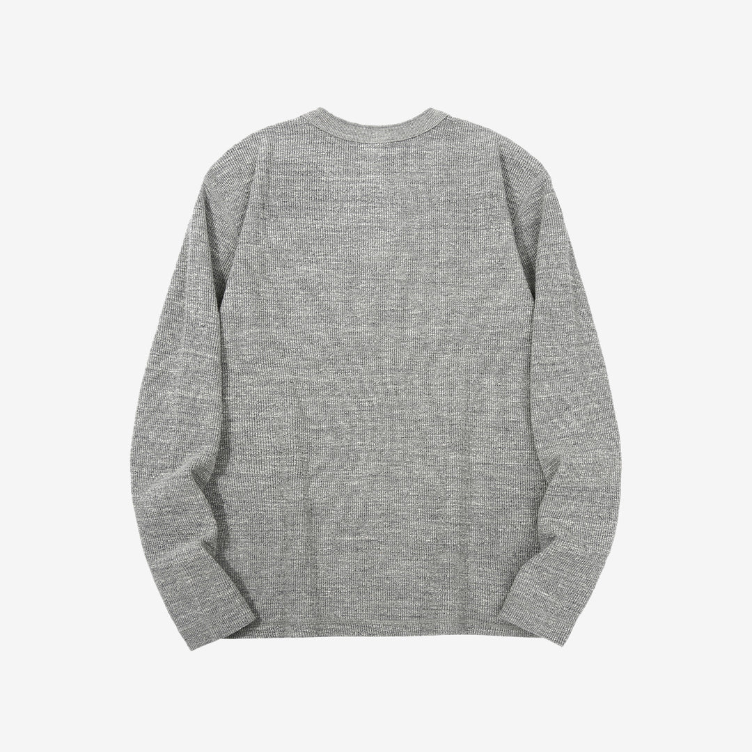 UES 662531 single rib knit long sleeve henley neck T-shirt made in Japan slub cotton grey back view