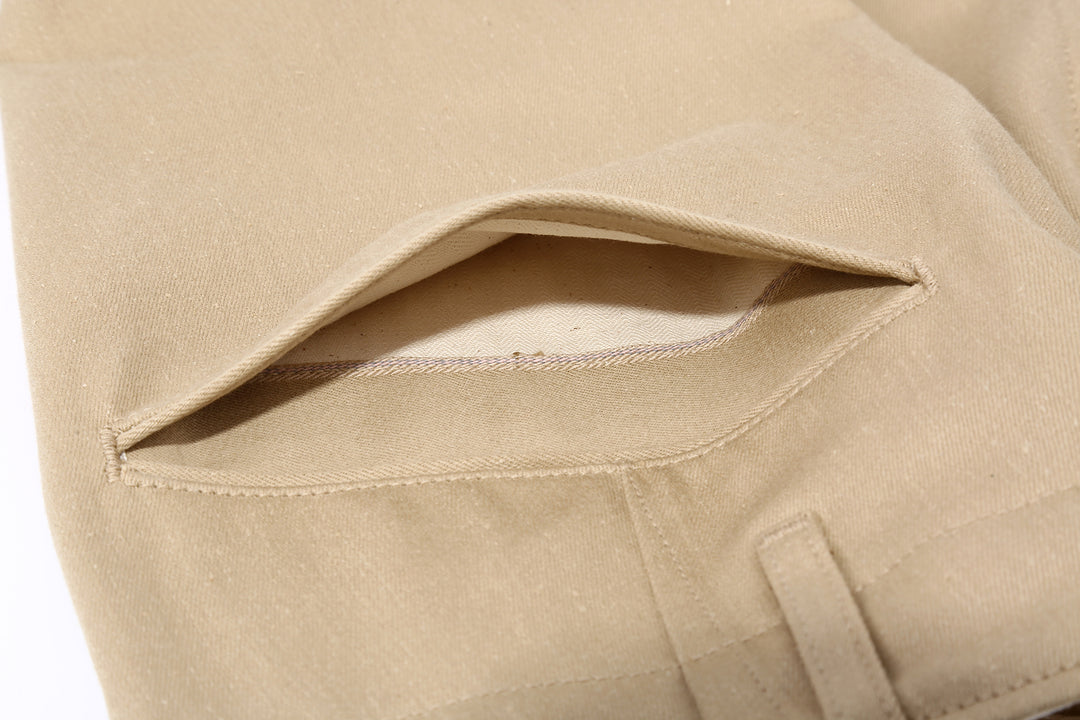 Boncoura 41 khaki chino trousers high density chino cloth made in Japan selvedge detail