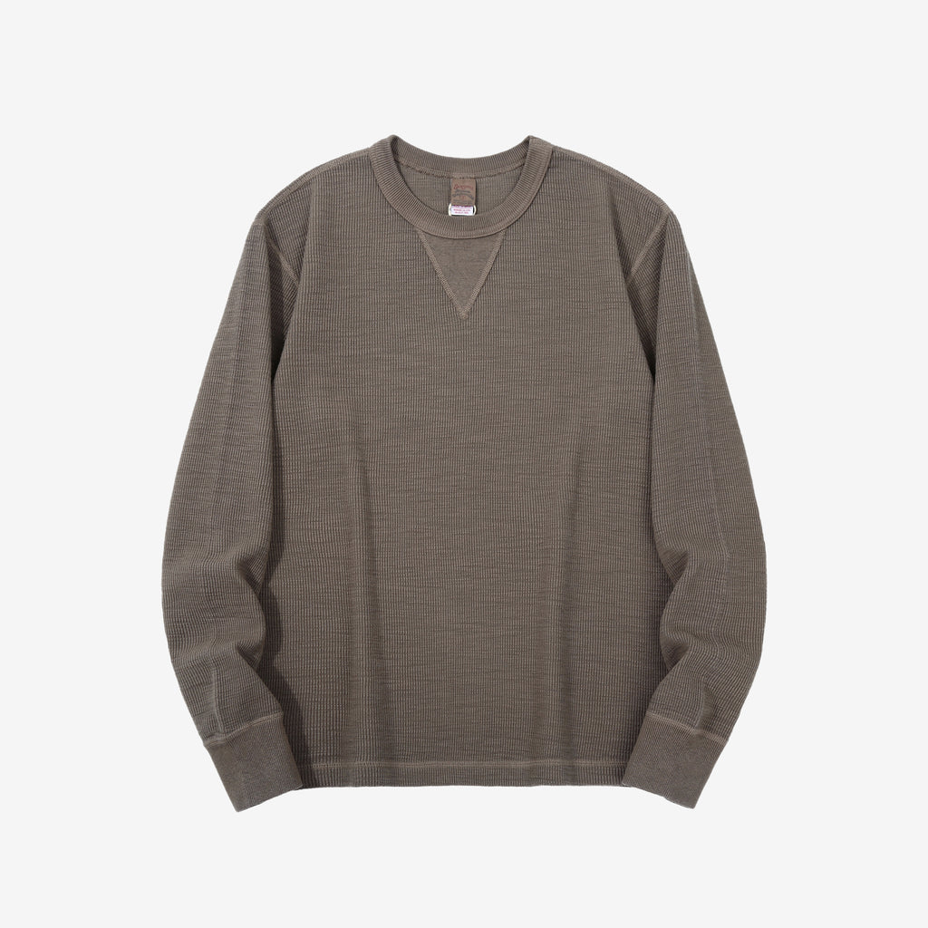 UES 602530 single rib knit long sleeve crew neck T-shirt made in Japan taupe front view