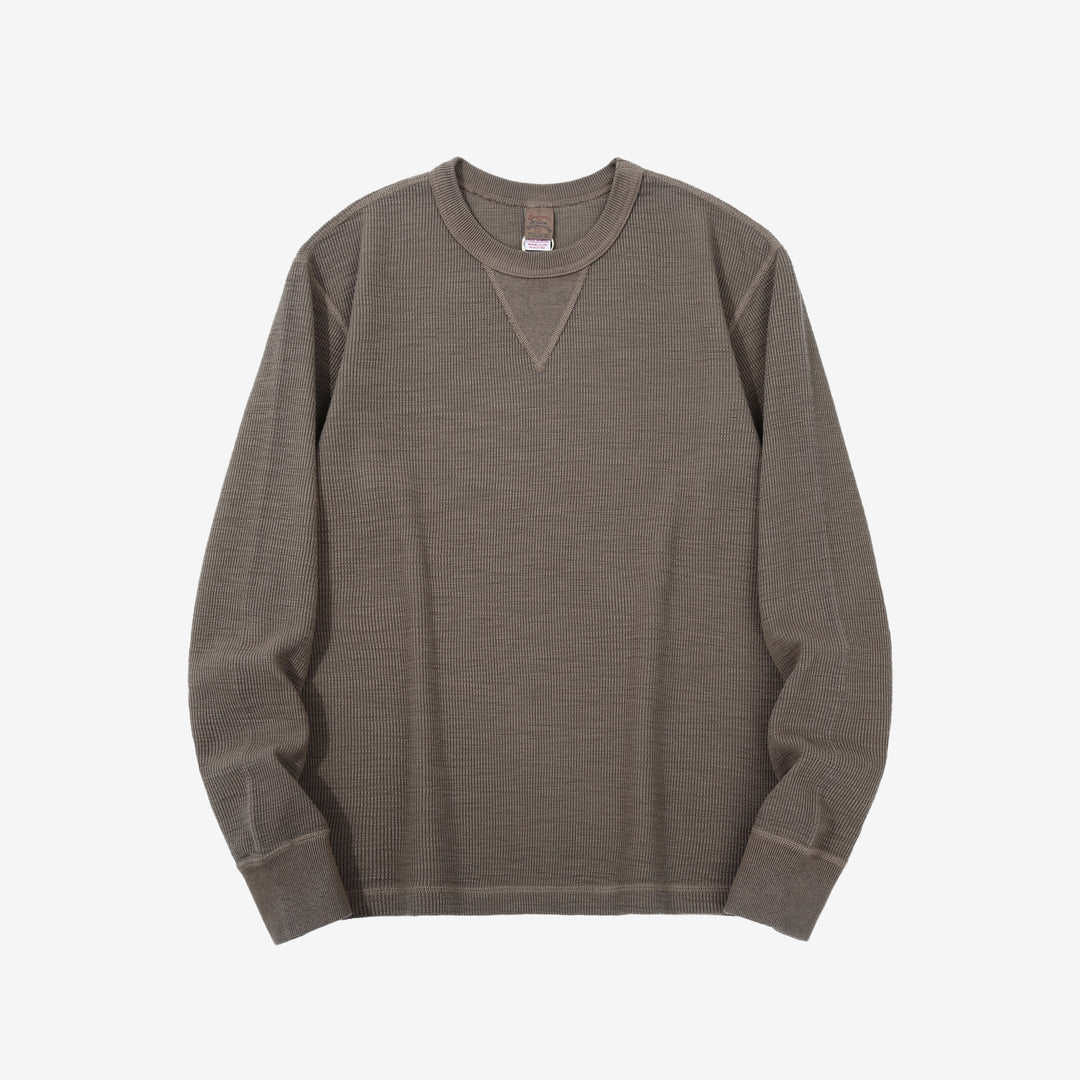 UES 602530 single rib knit long sleeve crew neck T-shirt made in Japan taupe front view
