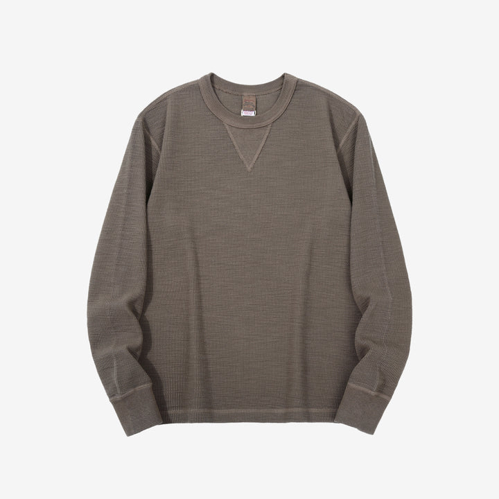 UES 602530 single rib knit long sleeve crew neck T-shirt made in Japan taupe front view