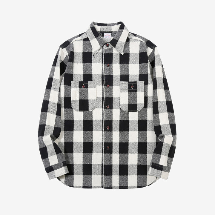 Warehouse Lot 3104 selvedge flannel shirt long sleeve check pattern made in Japan cotton black white front view