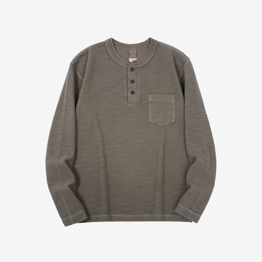 UES 662531 single rib knit long sleeve henley neck T-shirt made in Japan slub cotton taupe