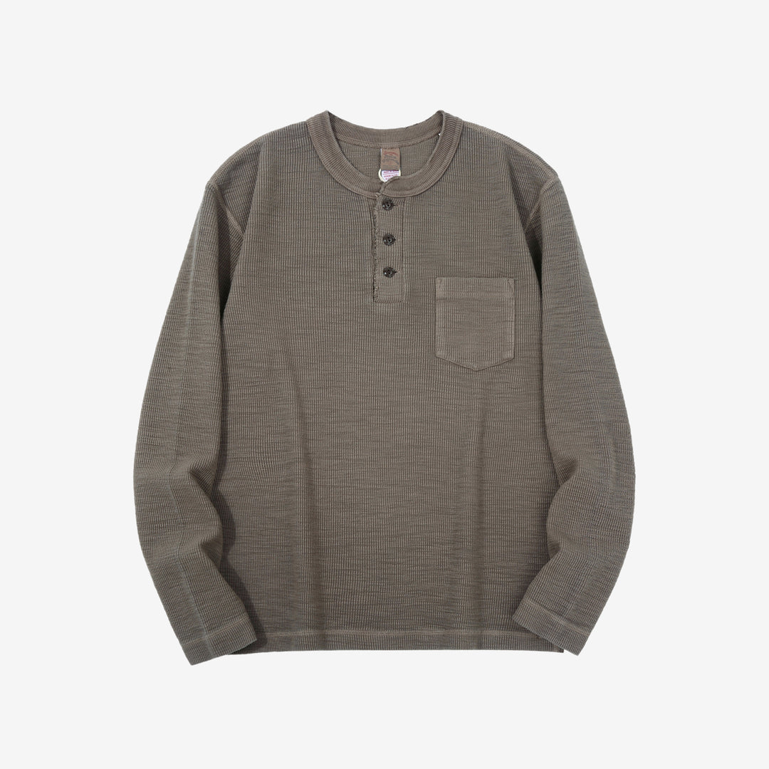 UES 662531 single rib knit long sleeve henley neck T-shirt made in Japan slub cotton taupe
