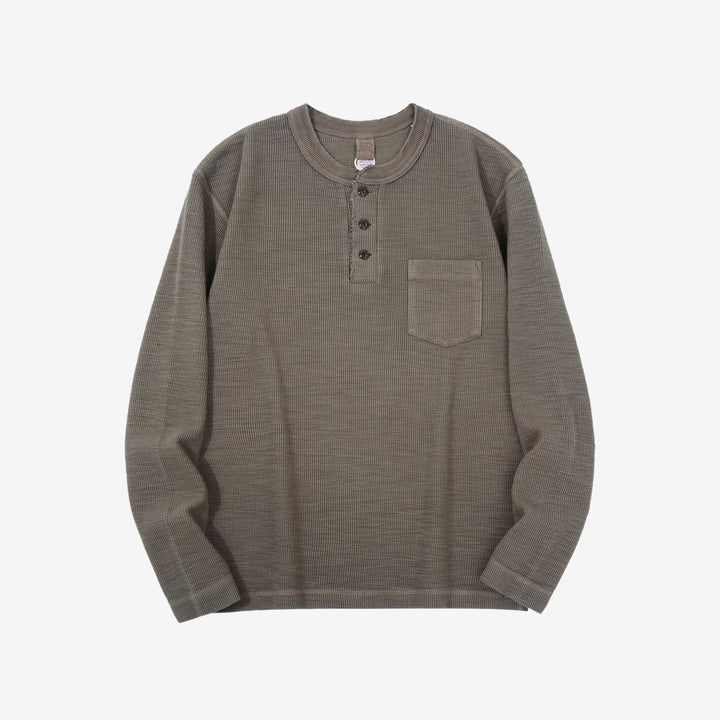 UES 662531 single rib knit long sleeve henley neck T-shirt made in Japan slub cotton taupe