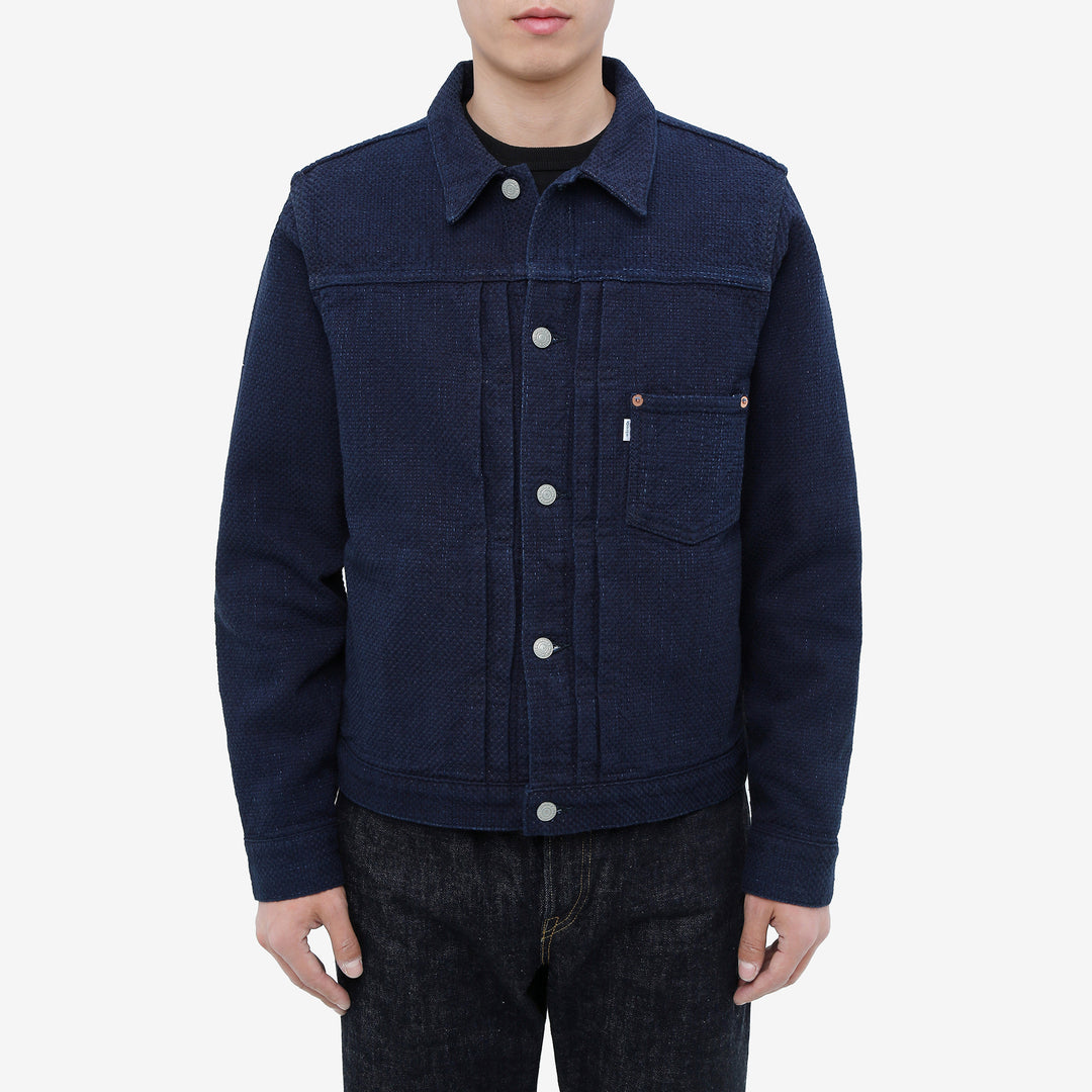 Omoto Denim 3121 indigo sashiko Type 1 jacket Japanese handmade fabric wear image front