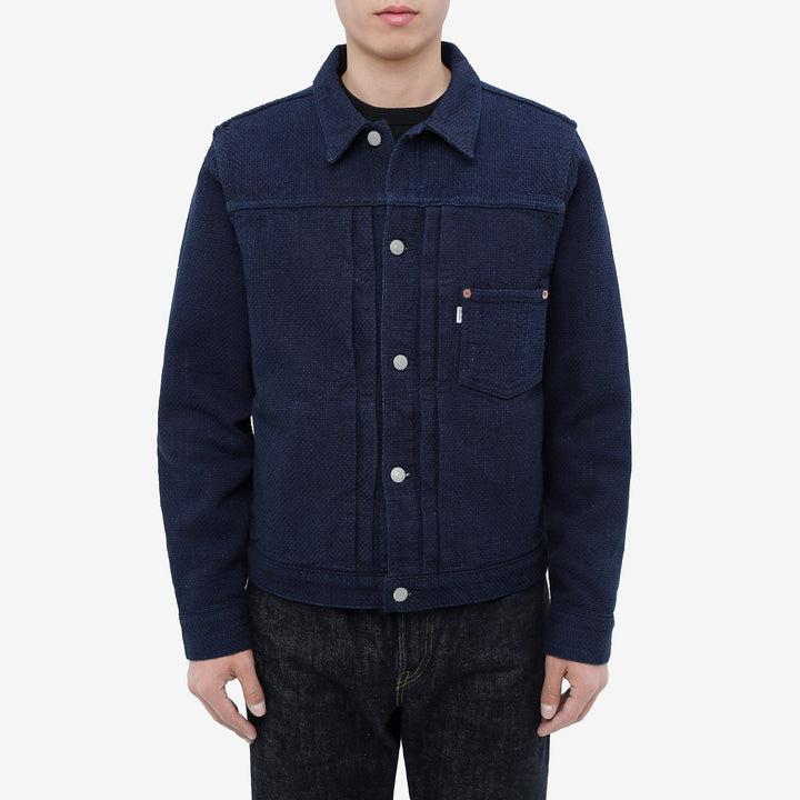Omoto Denim 3121 indigo sashiko Type 1 jacket Japanese handmade fabric wear image front