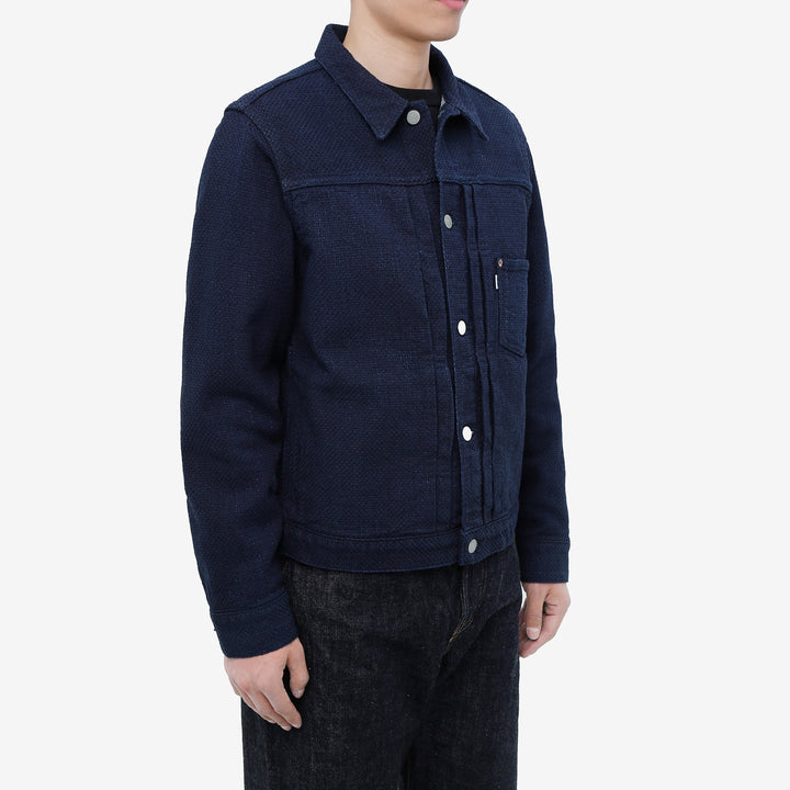 Omoto Denim 3121 indigo sashiko Type 1 jacket Japanese handmade fabric wear image side