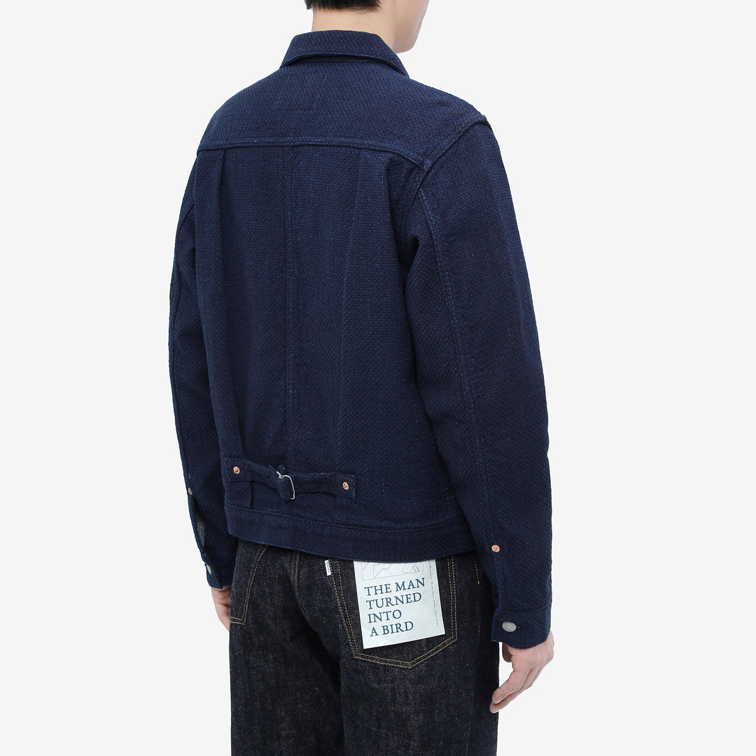 Omoto Denim 3121 indigo sashiko Type 1 jacket Japanese handmade fabric wear image side back