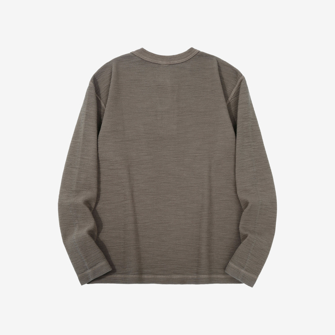 UES 662531 single rib knit long sleeve henley neck T-shirt made in Japan slub cotton taupe back
