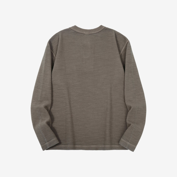 UES 662531 single rib knit long sleeve henley neck T-shirt made in Japan slub cotton taupe back