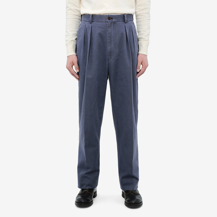 NEAT 26-01NC fade navy wide tapered chinos Japanese trousers wear image front