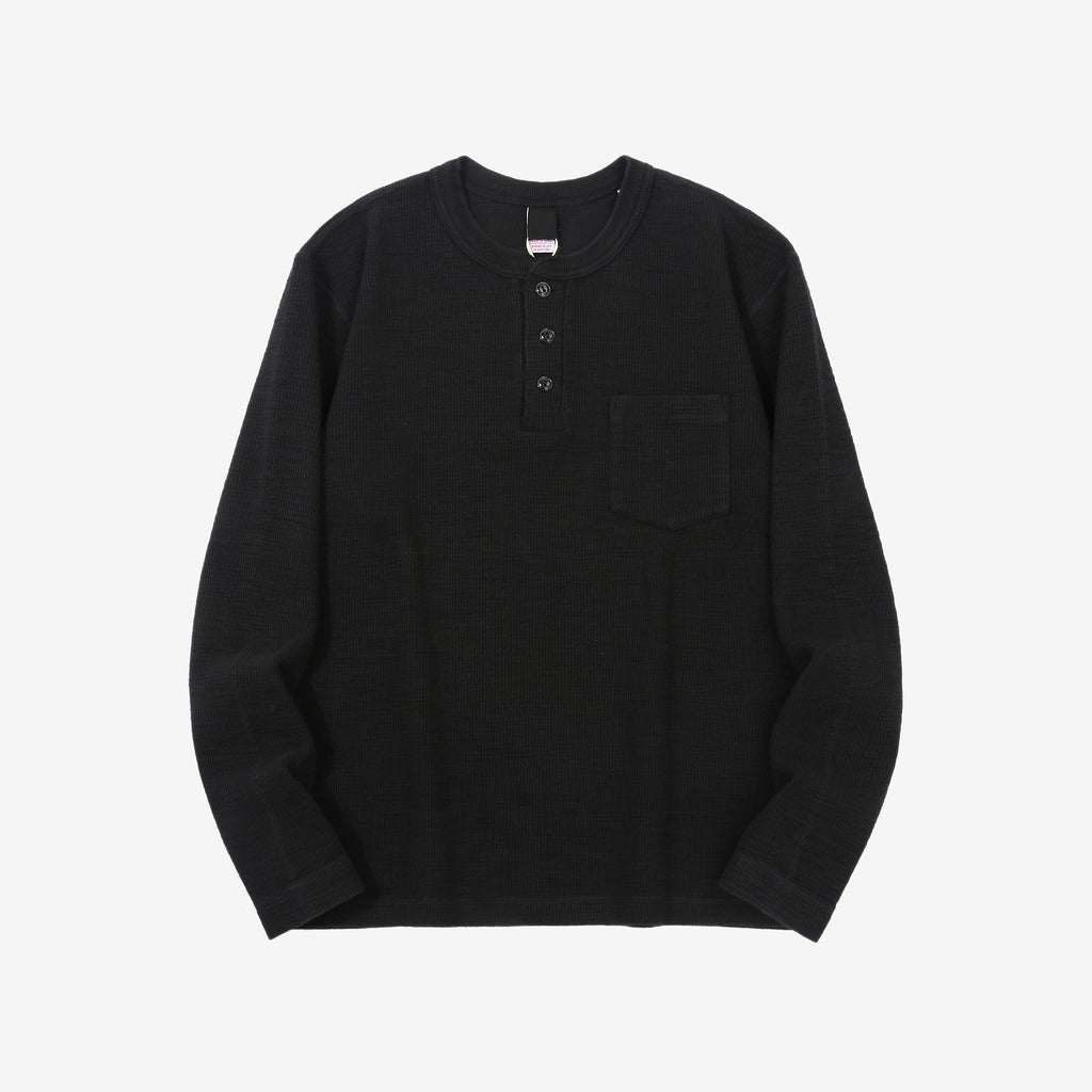 UES 662531 single rib knit long sleeve henley neck T-shirt made in Japan slub cotton black fornt