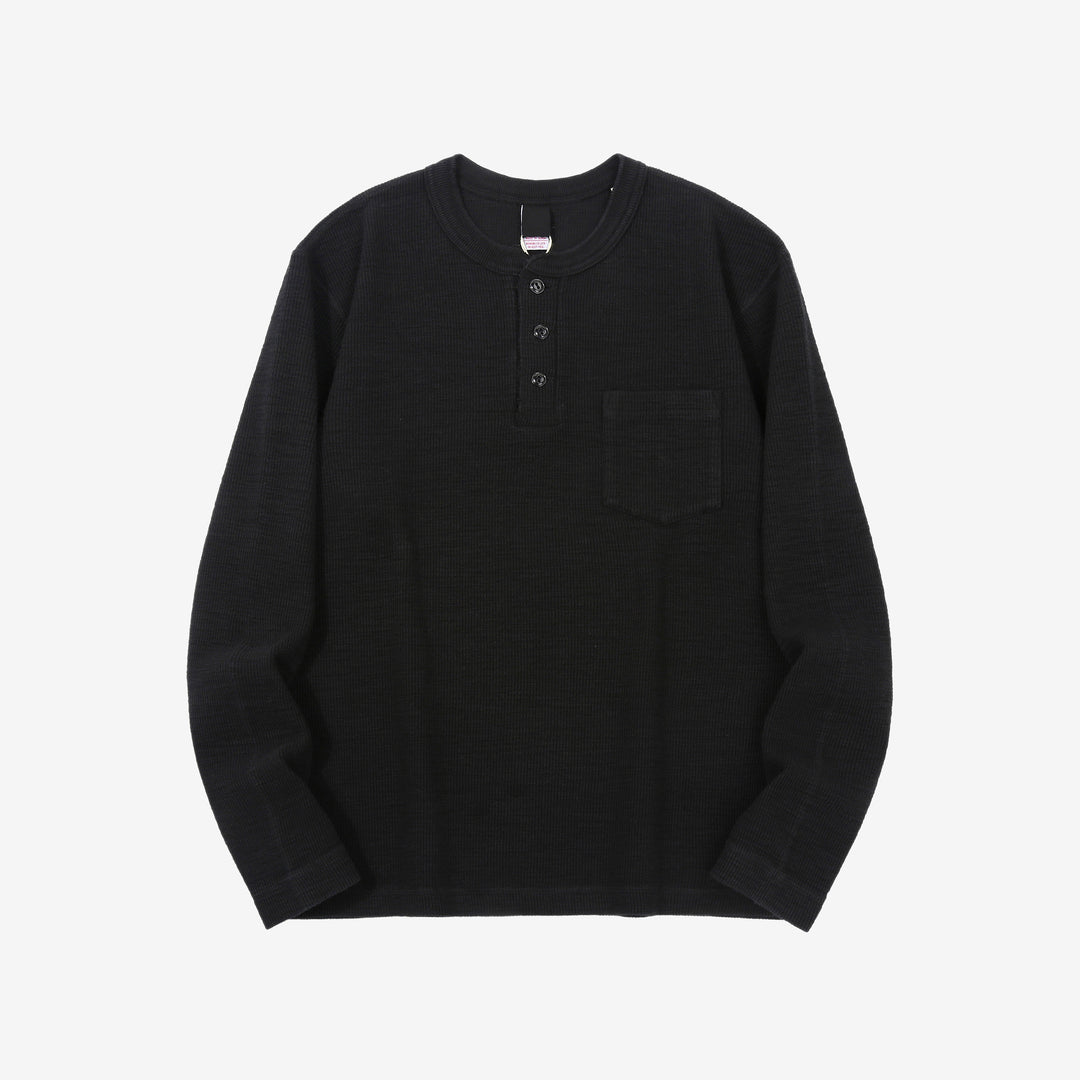 UES 662531 single rib knit long sleeve henley neck T-shirt made in Japan slub cotton black fornt