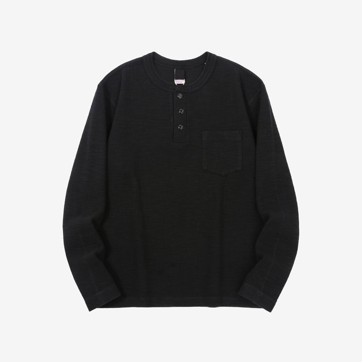 UES 662531 single rib knit long sleeve henley neck T-shirt made in Japan slub cotton black fornt