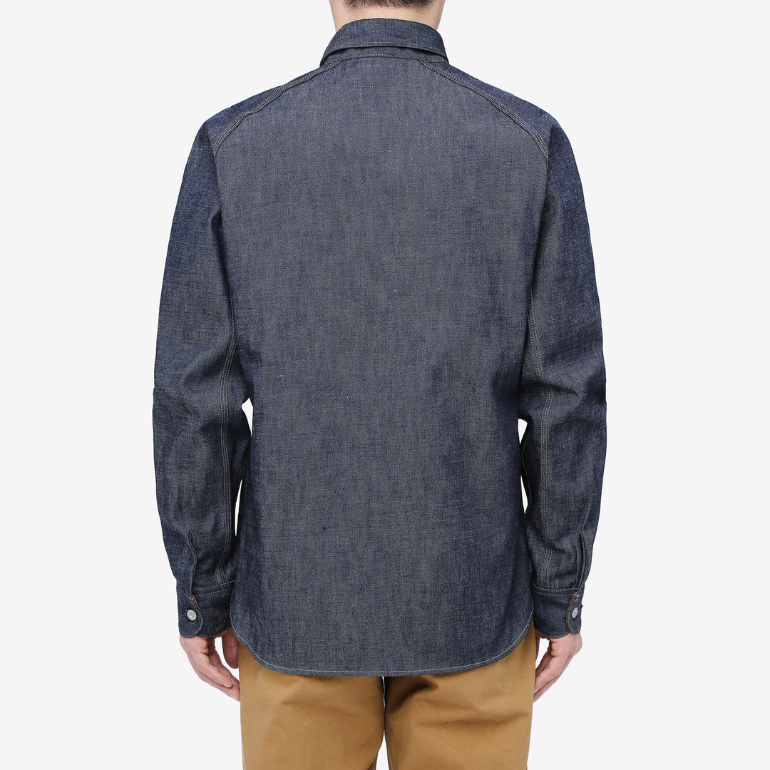 Deluxeware 7640 10.5oz selvedge denim work shirt made in Japan indigo denim shirt wear image back