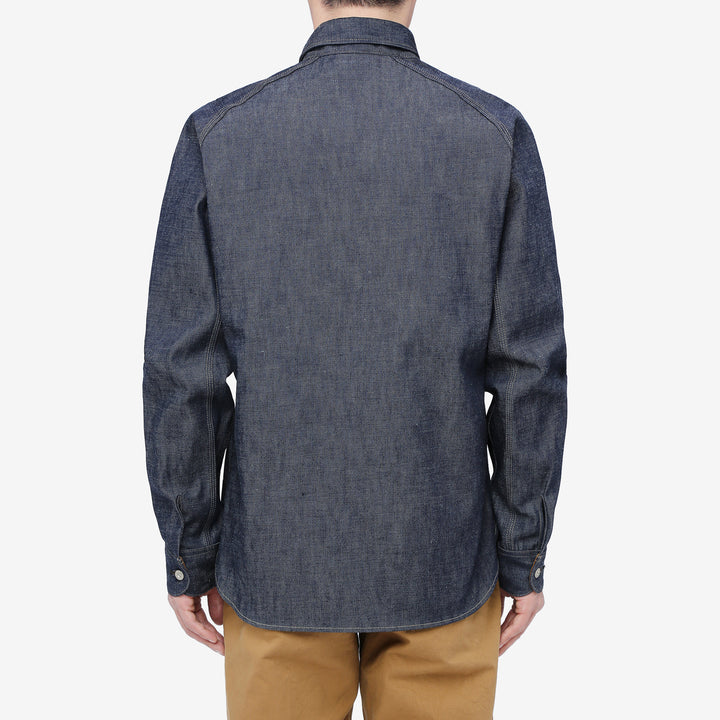 Deluxeware 7640 10.5oz selvedge denim work shirt made in Japan indigo denim shirt wear image back