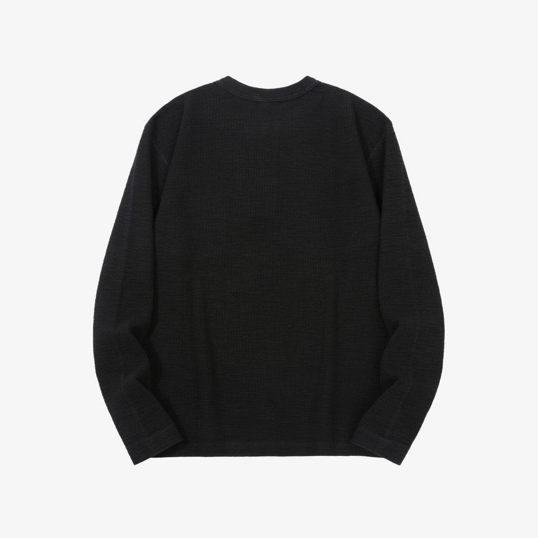 UES 662531 single rib knit long sleeve henley neck T-shirt made in Japan slub cotton black back view