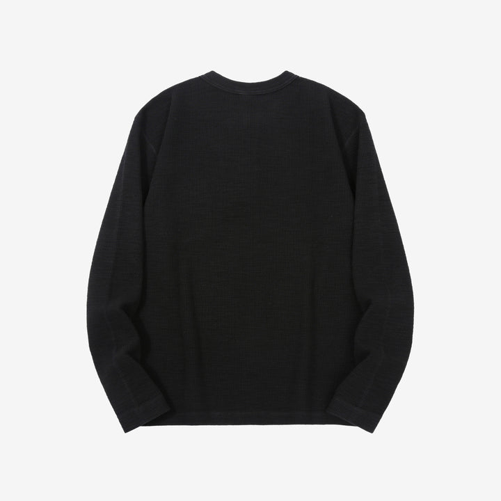 UES 662531 single rib knit long sleeve henley neck T-shirt made in Japan slub cotton black back view