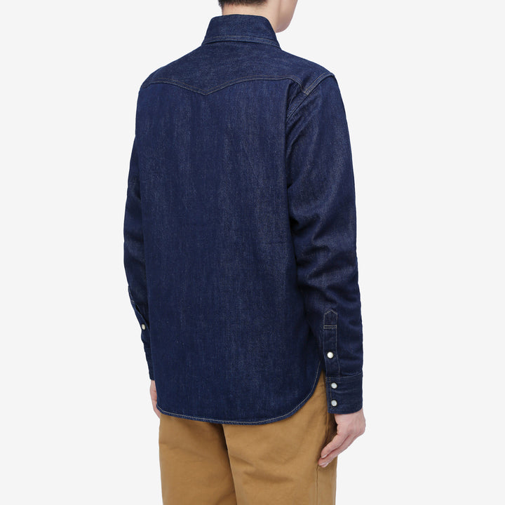 Deluxeware 7600 Wildman 10oz selvedge denim western shirt indigo wear image back