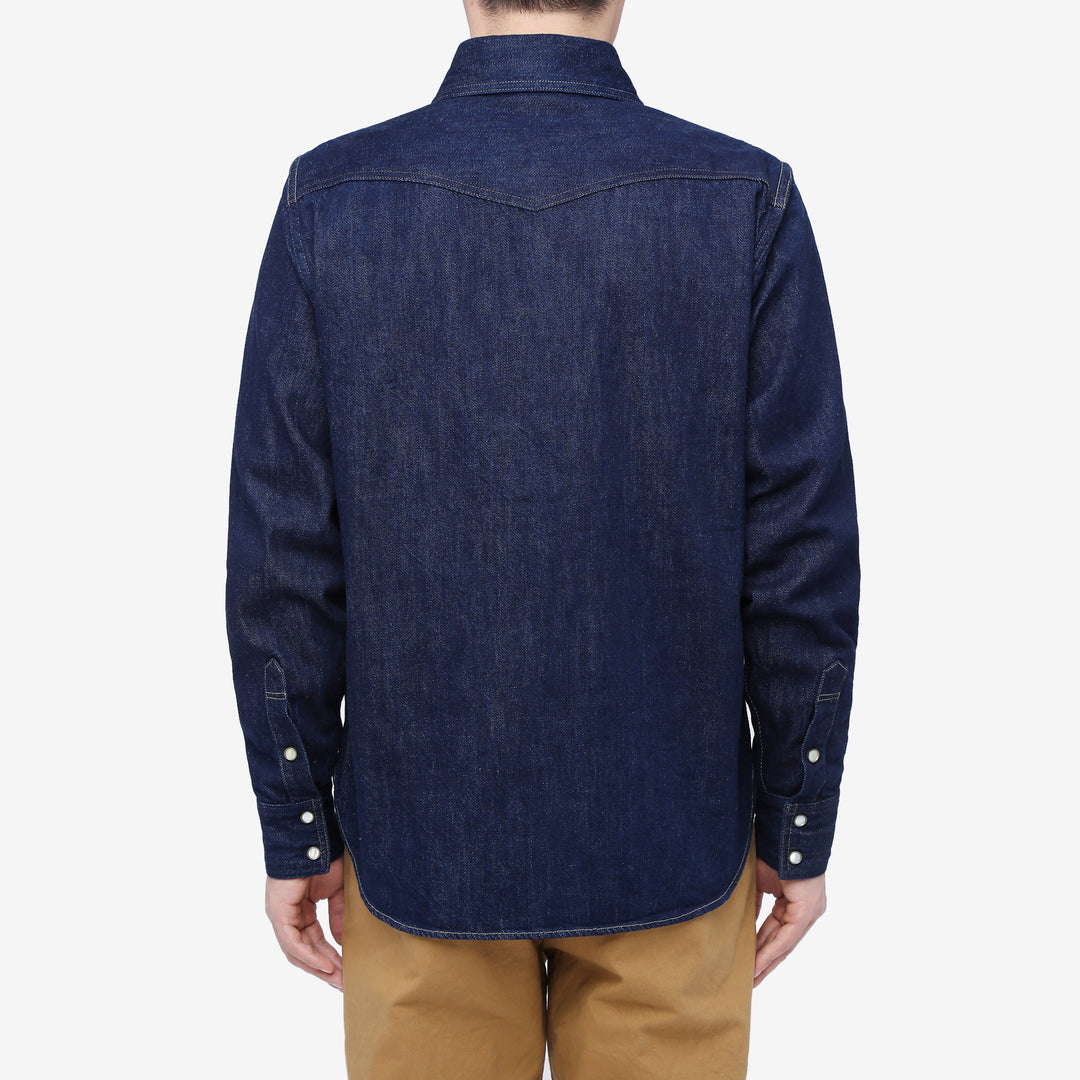 Deluxeware 7600 Wildman 10oz selvedge denim western shirt indigo wear image back view