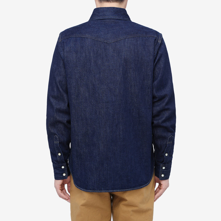 Deluxeware 7600 Wildman 10oz selvedge denim western shirt indigo wear image back view