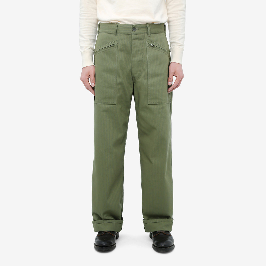 WASEW WSW-25A-011 herringbone twill mechanic pants sage green made in Japan straight fit work pants wear image