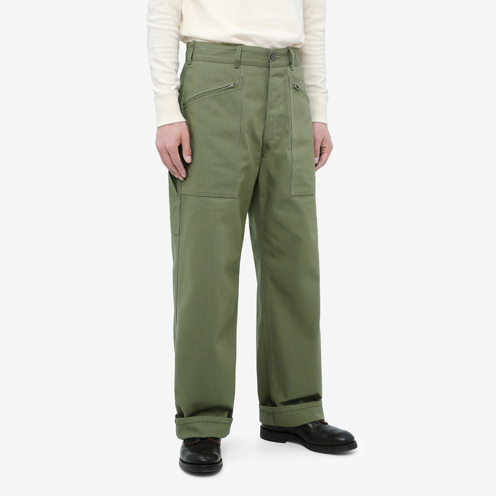 WASEW WSW-25A-011 herringbone twill mechanic pants sage green made in Japan straight fit work pants wear image front side