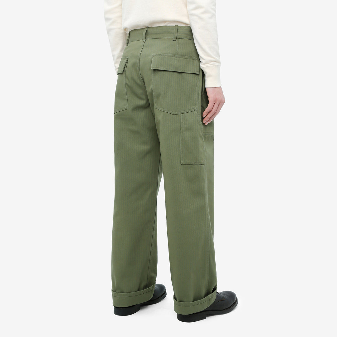 WASEW WSW-25A-011 herringbone twill mechanic pants sage green made in Japan straight fit work pants wear image back side view