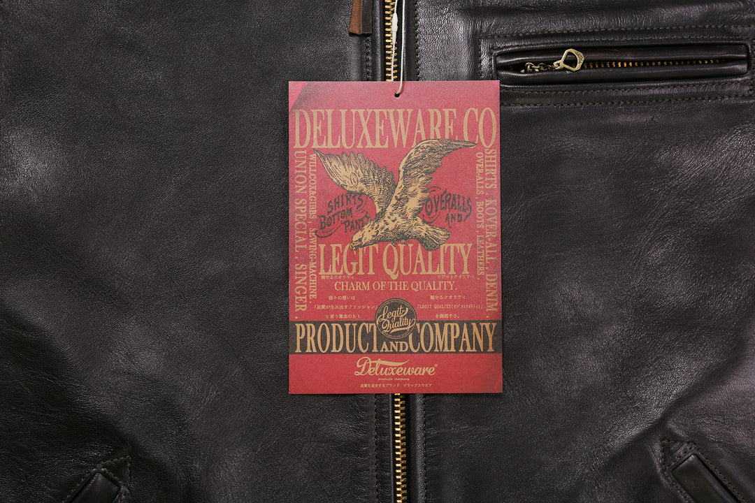 Deluxeware D-21B Single Riders Horsehide Leather Jacket - Tea-Core Black Horsehide Leather Hang Tag