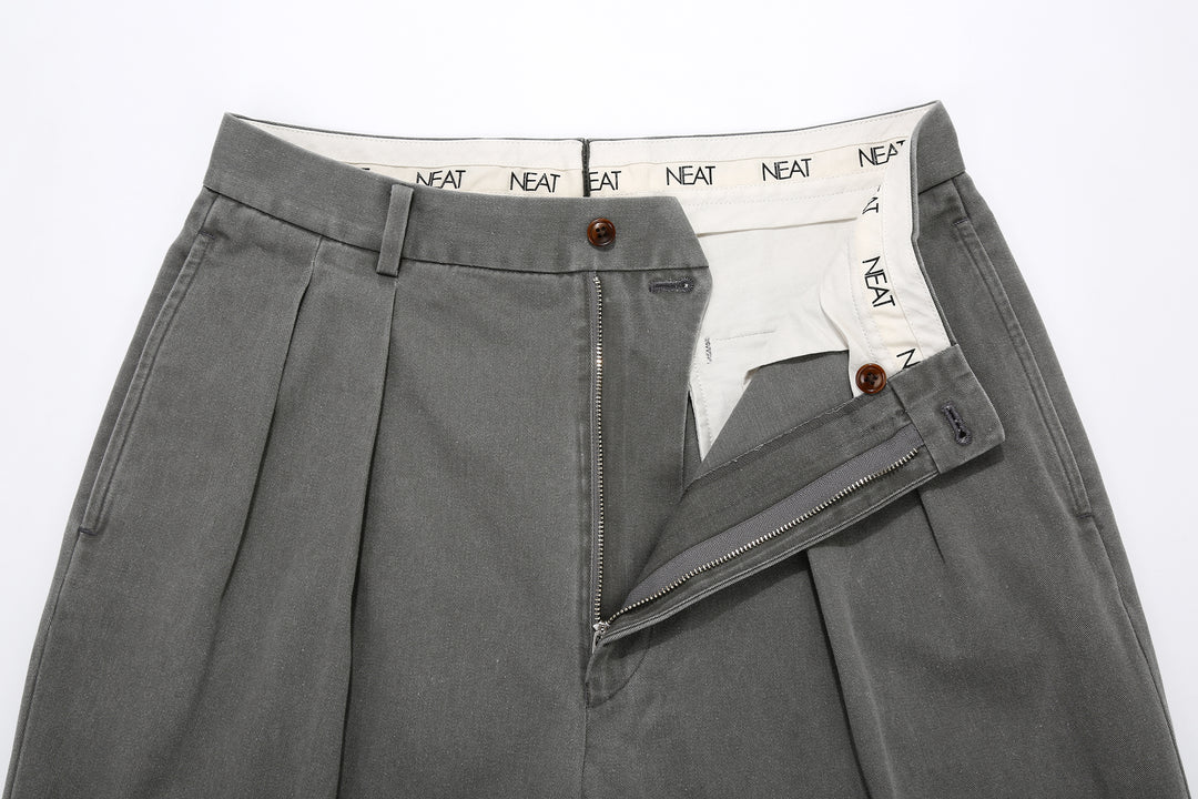 NEAT 26-01NC fade grey wide tapered chinos Japanese trousers detail